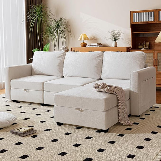 mestyl Modular Sectional Sofa Convertible L Shaped Sofa Couch Set with Storage for Living Room, Modern 3 Seater Modular Sectional Couch with Movable Ottoman (Beige)