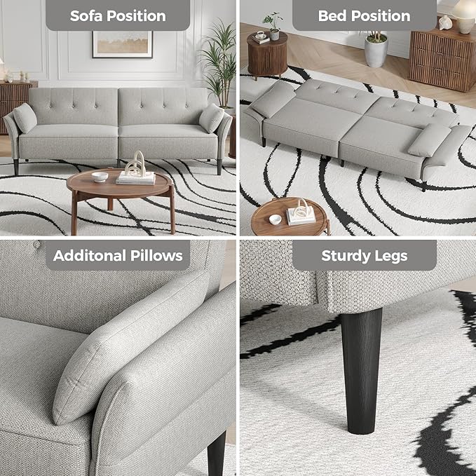 89” Futon Sofa Bed, Linen Comfy Futon Couch Bed with 2 Square Pillows, Convertible Sleeper Sofa with Adjustable Backrest& Armrests, Modern Loveseat Sleeper for Living Room, Bedroom, Light Gray