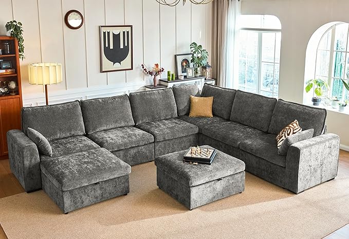 Oversized Modular Sofa Comfy Cloud Couch with Storage, Extra Deep Plush Sectional Sofa Set for Living Room, Covers Washable, Chenille, Olar (Grey, 8-Seater with Corner & 2 Ottomans, u-Shaped)