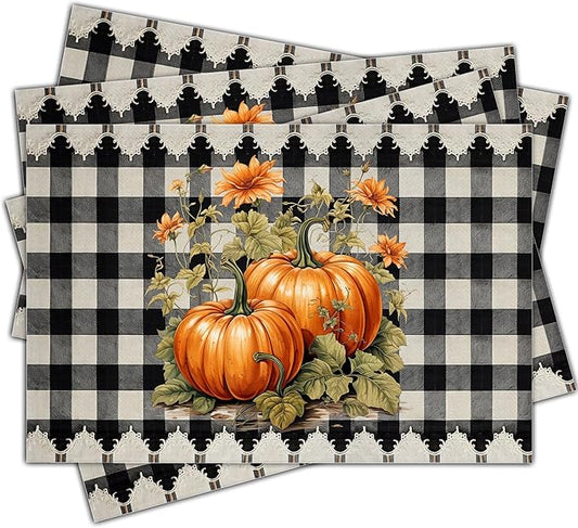 Halloween Pumpkin Placemats Set of 4, 12x18 Inch Pumpkin Plaid Table Mats, Washable Heat Resistant Place Mats for Kitchen Dining Table, Halloween Themed Decoration for Home-B07