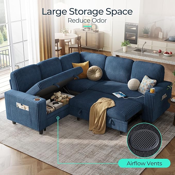 LINSY HOME Sectional Sleeper Sofa with Pull Out Couch Bed - Convertible Plush Corduroy Cloud Couch with Storage Chaise & USB Charging, Comfy L Shaped Modular Couches for Living Room Apartment, Blue