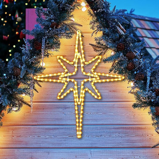 28" Christmas Star of Bethlehem LED Star Hanging Lights Nativity Holy Family Light for Door Window Porch Wall Decoration Plug Operated Lighted Hanging Tree Topper(Warm Light)