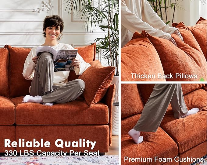 135.5" Oversized Modular Sectional Sofa, L Shaped Convertible Couch with Movable Ottoman, 5 Seat Corner Couches for Living Room Deep Seat Terracotta Orange Chenille