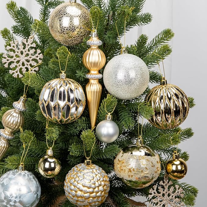 92ct Christmas Tree Decoration Set Christmas Ball Ornaments with Srtings Shatterproof Christmas Baubles for Christmas Holiday Wreath Garland Party Decoration, Gold-Silver