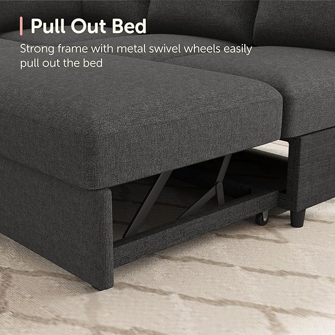 HONBAY Sectional Couch with Pull Out Bed, U-Shaped Sectional Sleeper Sofa with Storage, 6 Seater Sectional Sofa Bed, Mid-Grey