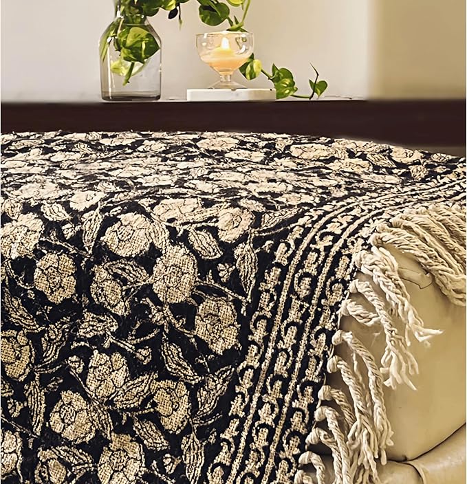 Handmade Cotton Throw Blanket 55x80 Inches | Black & Beige Floral Block Print Decorative Sofa Throw with Tassels | Large Lightweight Cotton Bedspread for Living Room, Couch, or Bedroom