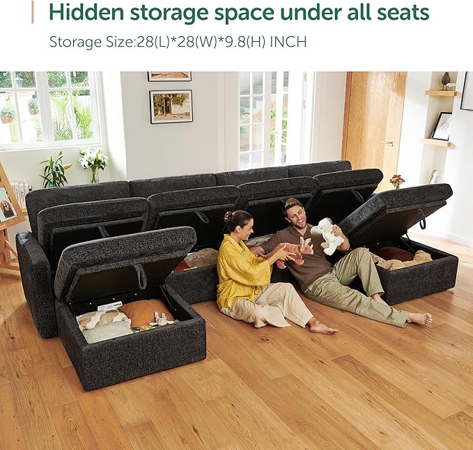 HONBAY Sectional Couch with Storage Seats, Modular Sofa with Storage Ottoman, U Shaped Sectional Couches for Living Room, Grey