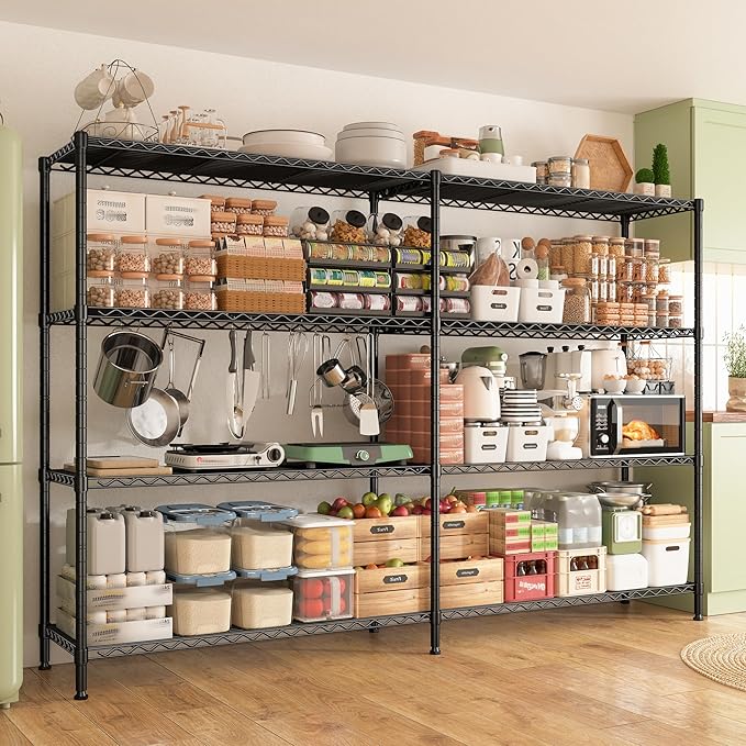 REIBII 69.8" W Storage Shelves 1250LBS Wire Shelving Unit 4 Tier Metal Shelving for Storage Rack Shelves Adjustable Heavy Duty Garage Shelf Pantry Shelves Kitchen Shelving, 69.8"Wx15.8"Dx62.9"H,Black