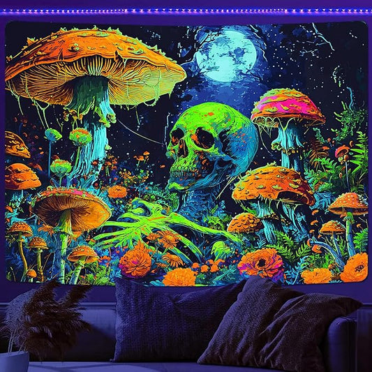 Xiaoput Blacklight Skull Tapestry, Black Light Skeleton Tapestry for Bedroom, UV Reactive Neon Gothic Tapestry for Men, Glow in Dark Trippy Forest Tapestry Wall Hanging for Home Decor,70X60IN