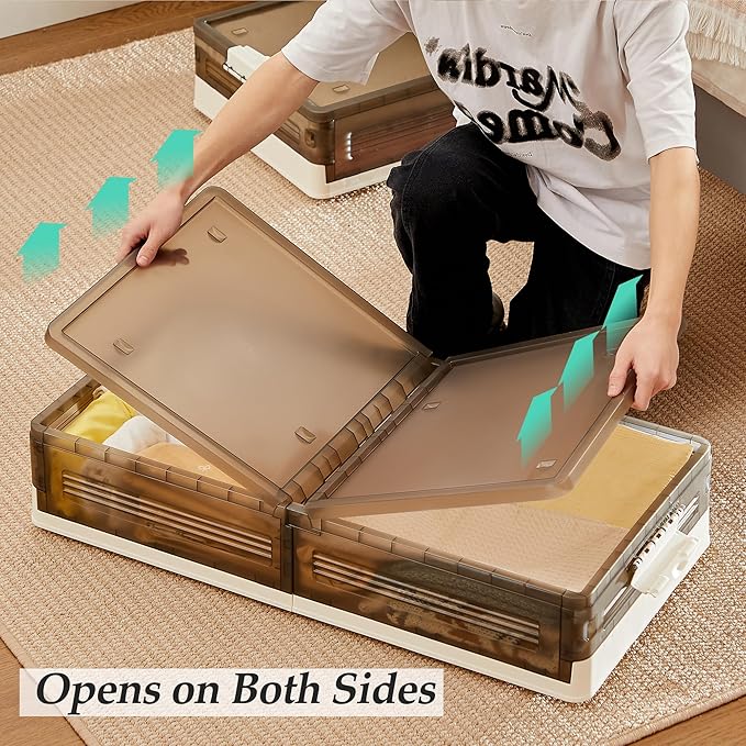 VECELO Under Bed Storage with Wheels, 2 Pack Stackable Under Bed Storage Containers, Underbed Storage Containers with Lids, Plastic Foldable Folding Box for Clothes Shoes, Grey