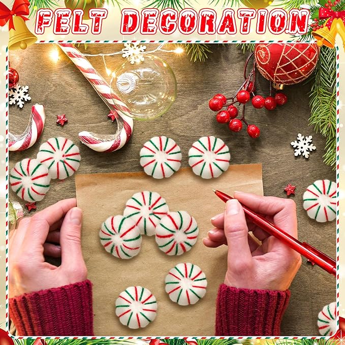 36 Pcs Felt Peppermint Decoration Christmas Wool Peppermints Christmas Arts Crafts Supplies, DIY Garland for Tree Home Vase Filler Decoration(Green)
