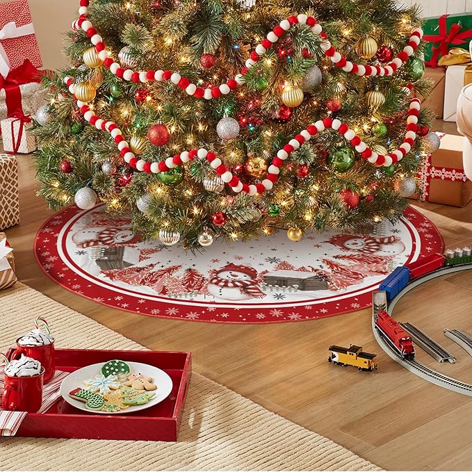 AVOIN colorlife Snowflake Snowman Cardinal Christmas Tree Skirt 48 Inch, Winter Holiday Tree Mat Decoration Red