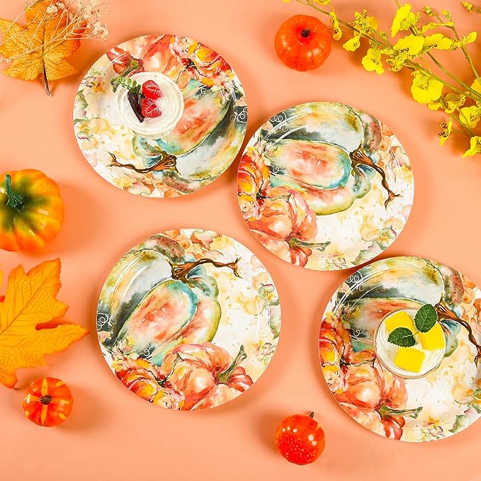 Fall Dessert Plates Thanksgiving Pumpkin Paper Plates 7" Autumn Watercolor Pumpkins Party Plates Harvest Teal and Orange Pumpkins Disposable Decorative Dessert Plates (24)