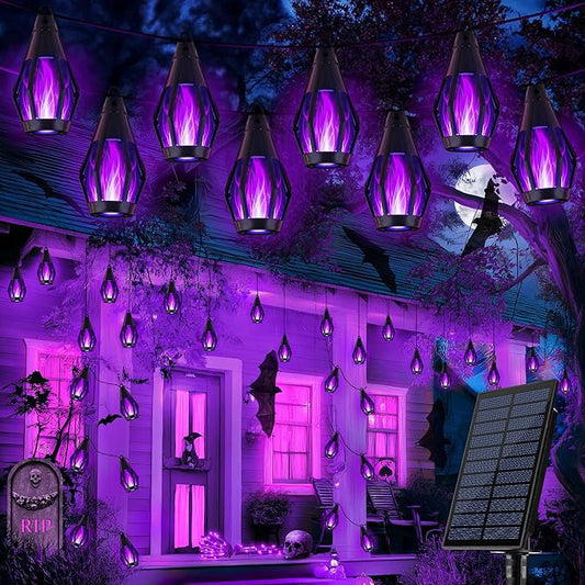 iBaycon Solar Halloween Lights, 42Ft 15 LED Bulbs Flickering Flame String Light, Outdoor Waterproof Solar Flame Lights for Garden Yard Patio Halloween Decorations (Purple)