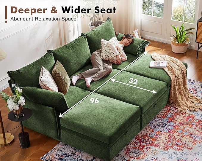 136.4" Oversized Modular Sectional Sleeper Sofa Bed, U Shaped Convertible Couch with Movable Ottoman, Large 8 Seat Corner Couches for Living Room Deep Seat Green Chenille
