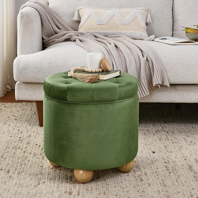 Furniliving Upholstered Button Tufted Round Ottoman, Velvet Storage Ottomans Round, Removable Lid Convenient Footstools, Bedroom Ottoman with Storage for Vanity, Living Room, Green