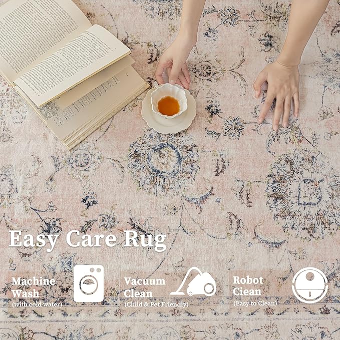 5'x7' Vintage Floral Rug - Persian Inspired Low-Pile Faux Wool Area Rug, Non-Slip Washable Rug for Bedroom, Nursery, Dorm, Soft Pink Boho Chic Decor