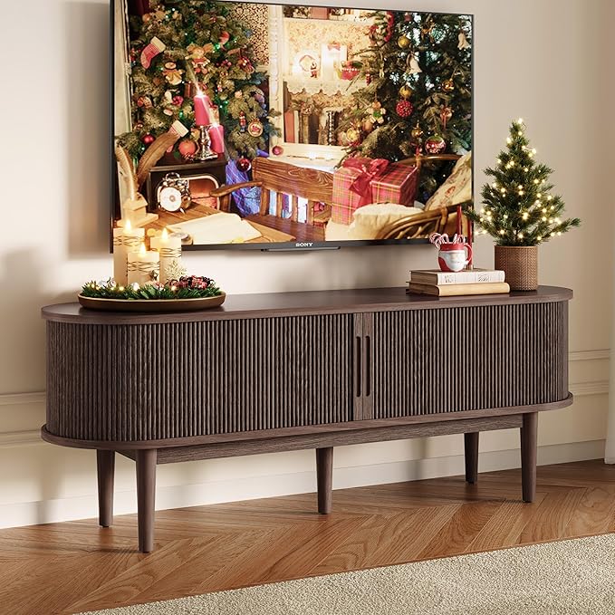 LINSY HOME TV Stand for 65" TV, Mid-Century Modern 58" Entertainment Center with Sliding Tambour Door and Storage Cabinet, Cruved TV Media Console Table for Living Room, Bedroom, Walnut