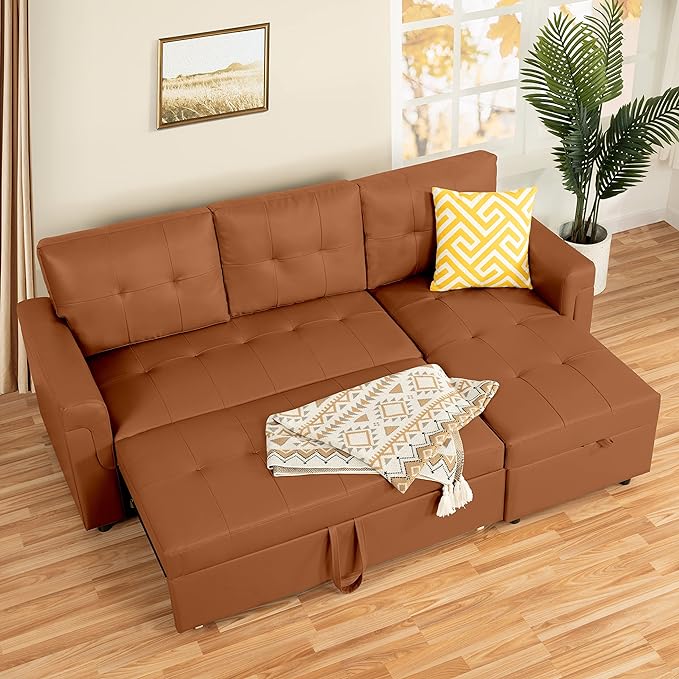 Naomi Home L-Shaped Reversible Sectional Sofa with Pull-Out Sleeper Bed and Storage Chaise, Caramel Air Leather