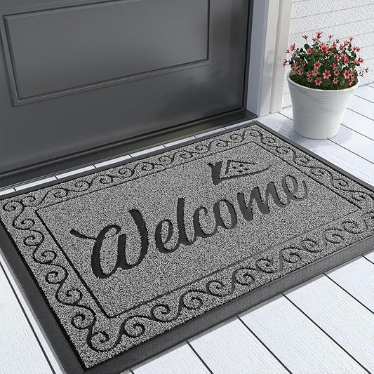 Yimobra Welcome Mat, Heavy Duty Sturdy Door Mats for Home Entrance Outdoor Indoor, Front Doormat for Outside Patio Floor Entry Porch Garage Office, Waterproof, Low Profile, 29.5 x 17, Black Grey