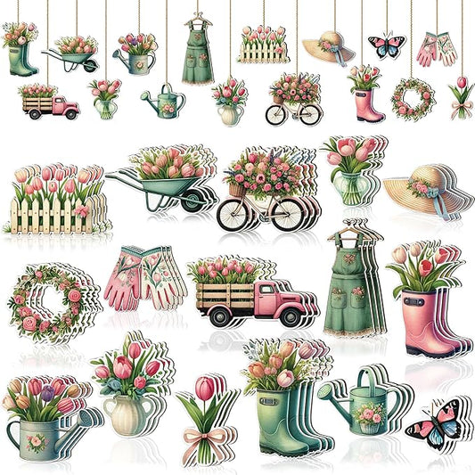 48PCS Spring Decor Wooden Flowers Ornaments Hanging Tulips Signs Decorations for Home Small Tree Party