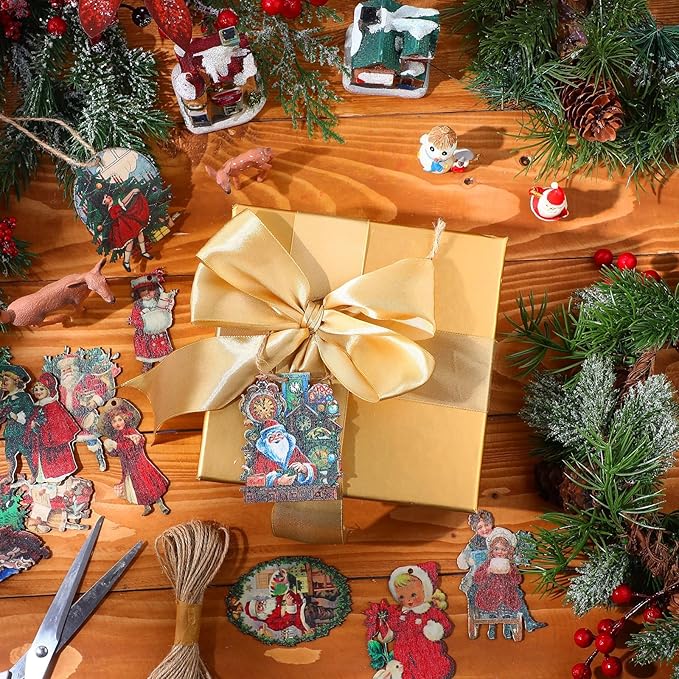 48 Pcs Vintage Wood Ornaments - Victorian Style Santa Claus, Snowman & Retro Decor for Christmas Trees