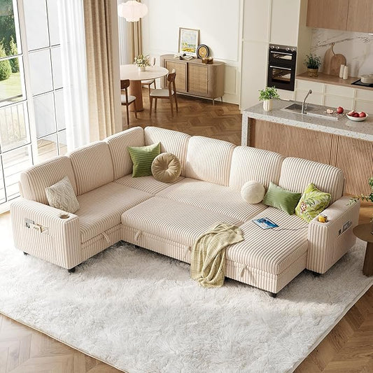 LINSY HOME Sectional Sleeper Sofa with Pull Out Couch Bed - Convertible Plush Corduroy Cloud Couch with Storage Chaise & USB Charging, Comfy Modular Couches for Living Room, Beige