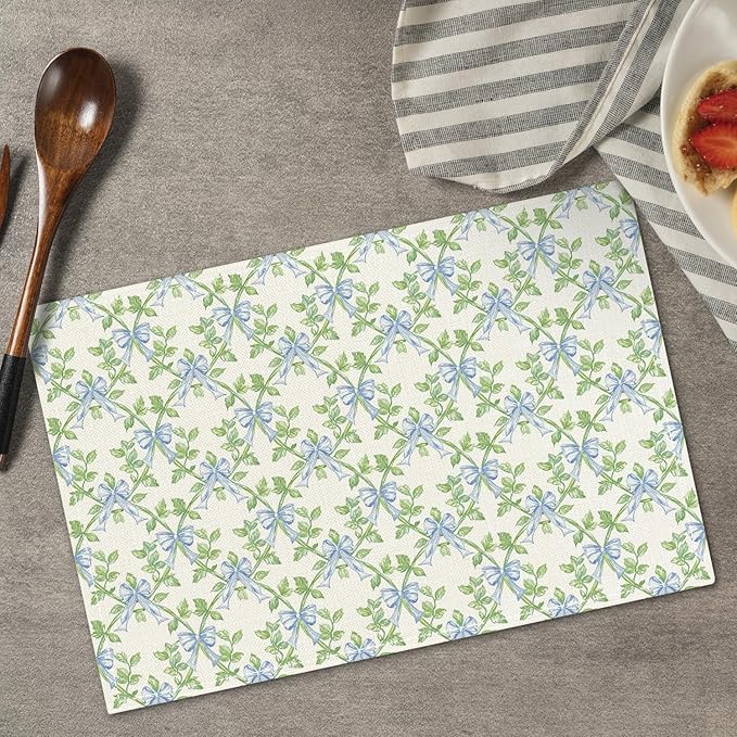 Green Leaf Placemats Set of 4, Blue Bow Table Mat for Home Kitchen, Restaurants, Outdoor Linen Washable Place Mats 12x18 inch Party Event Dining Decoration-01