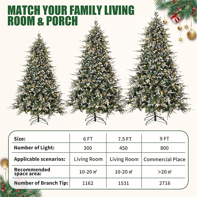 7.5 FT Snow Flocked Christmas Tree with 450 Warm Lights-8 Modes, Prelit Christmas Trees with Pine Cone & Gloves, Metal Folding Stand, Full Artificial Xmars Tree for Home Decor, Norway Spruce, Green