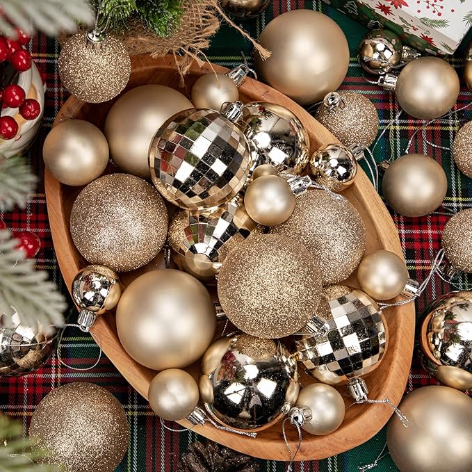 50pcs Champagne Christmas Ball Ornaments Set Shatterproof Christmas Ball for Xmas Tree Xmas Ornaments Balls with Hanging Loop for Xmas Wedding Holiday Party Wreath Home Decor