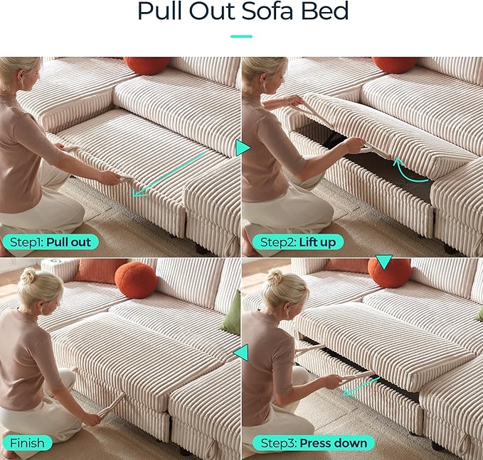 LINSY HOME Sectional Sleeper Sofa with Pull Out Couch Bed - Convertible Plush Corduroy Cloud Couch with Storage Chaise & USB Charging, Comfy U Shaped Modular Couches for Living Room, Beige