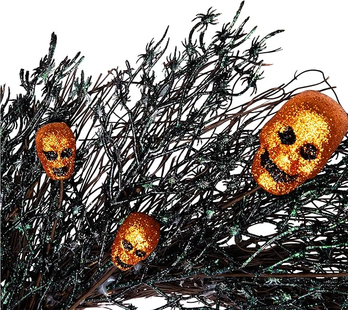 Glittered Skulls and Spiders Halloween Twig Wreath - 22" - Unlit