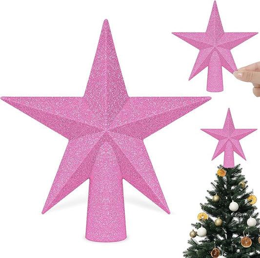 Christmas Tree Decoration, 6" Pink Christmas Tree Topper Star Accessories, Xmas Glitter 3D Bethlehem Tree Ornament, Waterproof Holiday Christmas Tree Topper Star Decorations for Home Indoor Outdoor