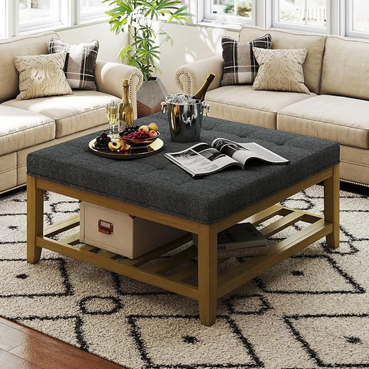 Large Square Ottoman Coffee Table, Linen Solid Upholstered Footrest Ottoman with Solid Wood Shelf Storage Tufted Coffee Table for Bedroom Living Room, Dark Gray