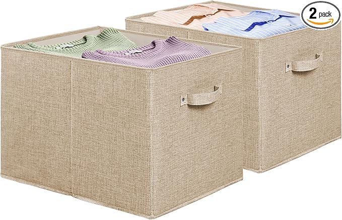 SIMPLE HOUSEWARE 15 x 13 Inch Collapsible Fabric Storage Bin with Handles, 2 Pack, Beige