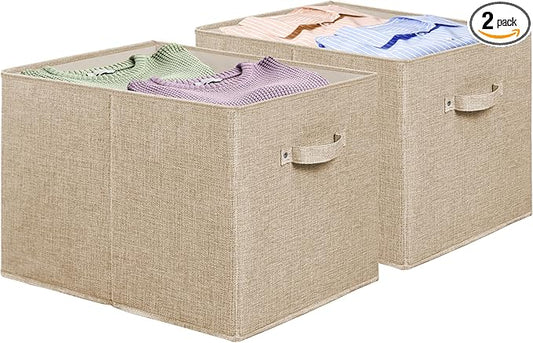 SIMPLE HOUSEWARE 15 x 13 Inch Collapsible Fabric Storage Bin with Handles, 2 Pack, Beige