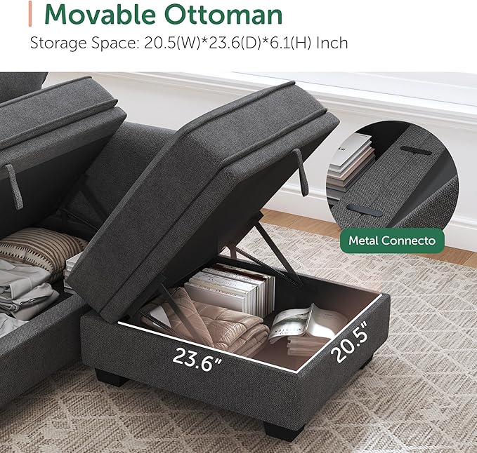 HONBAY Sectional Sofa with Storage Seat U Shaped Couch with Reversible Chaise Convertible Sectional Couches for Living Room,Dark Grey