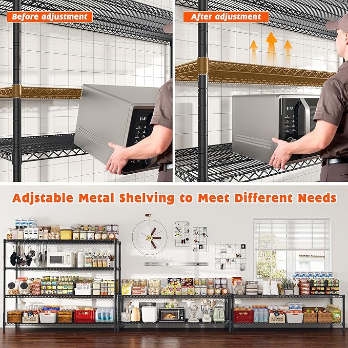 REIBII 60" W ×24" D×65.3" H, 4 Tier Wire Shelving 2878LBS Heavy Duty Steel Storage Rack Shelving Adjustable Shelves for Warehouses, Garages, Kitchens, and Commercial Spaces/Premium Wheels 2 Pack