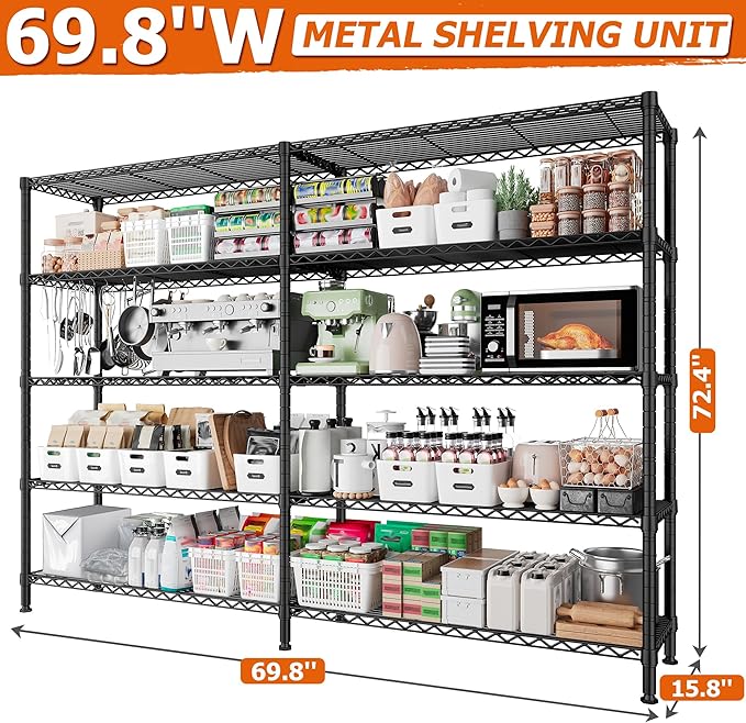 REIBII 1600LBS Storage Shelves Metal Shelving 5 Tier Wire Shelving Unit, 69.8" W Pantry Shelves Kitchen Shelves Adjustable Wire Shelf for Garage Storage Shelves, 69.8" Wx15.8 Dx72.4 H, Black