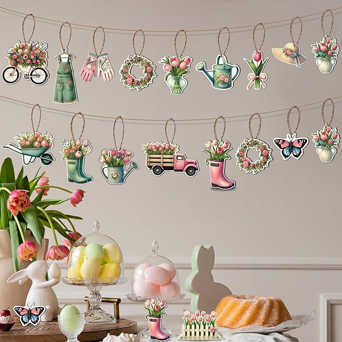48PCS Spring Decor Wooden Flowers Ornaments Hanging Tulips Signs Decorations for Home Small Tree Party