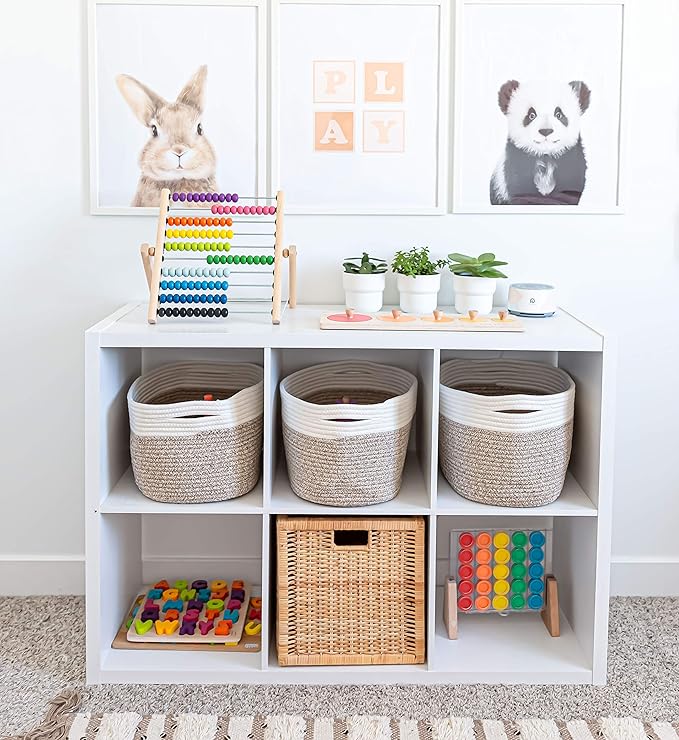 OrganiHaus Woven Storage Baskets for Organizing, Cotton Rope Storage Baskets for Shelves, Soft Bathroom Bins for Organizing, Decorative Cute Nursery Bins for Toys, Organizer Basket for Towels - Brown
