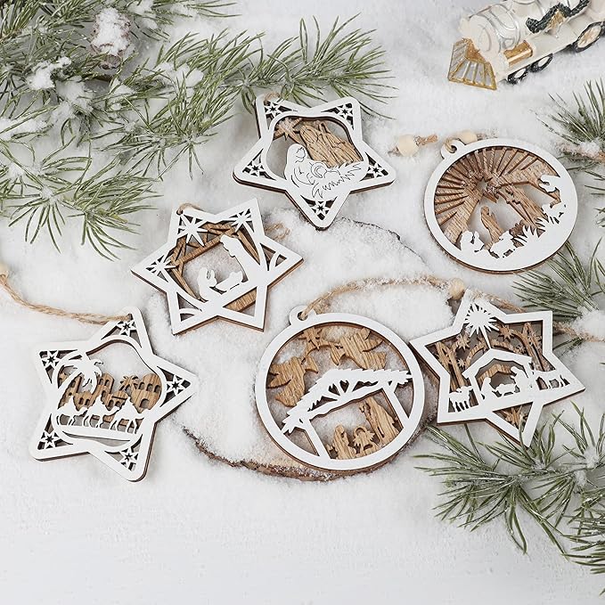 18Pcs Nativity Christmas Tree Ornaments Set, Wooden Nativity Scene Ornament, Religious Gift for Christian Family Christmas Decoration