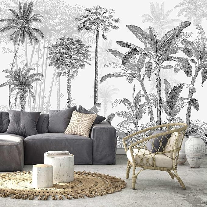AFZEVEB-Black and White Jungle Wallpaper Hand-Painted Tree Wall murals for Bedroom 159"x107" (Not Peel and Stick)