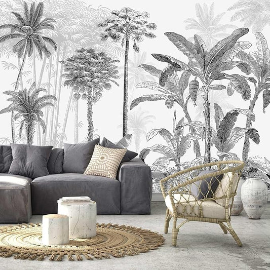 AFZEVEB-Black and White Jungle Wallpaper Hand-Painted Tree Wall murals for Bedroom 159"x107" (Not Peel and Stick)