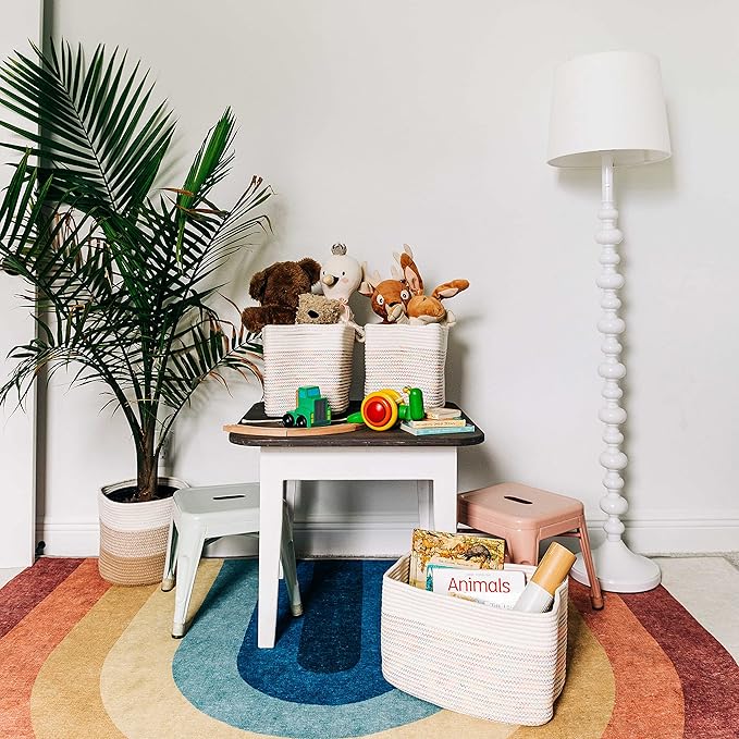 OrganiHaus Set of 3 Rainbow Stiches Woven Storage Baskets for Organizing, Cotton Rope Storage Baskets for Shelves, Soft Bathroom Bins for Organizing, Decorative Cute Nursery Bins for Toys