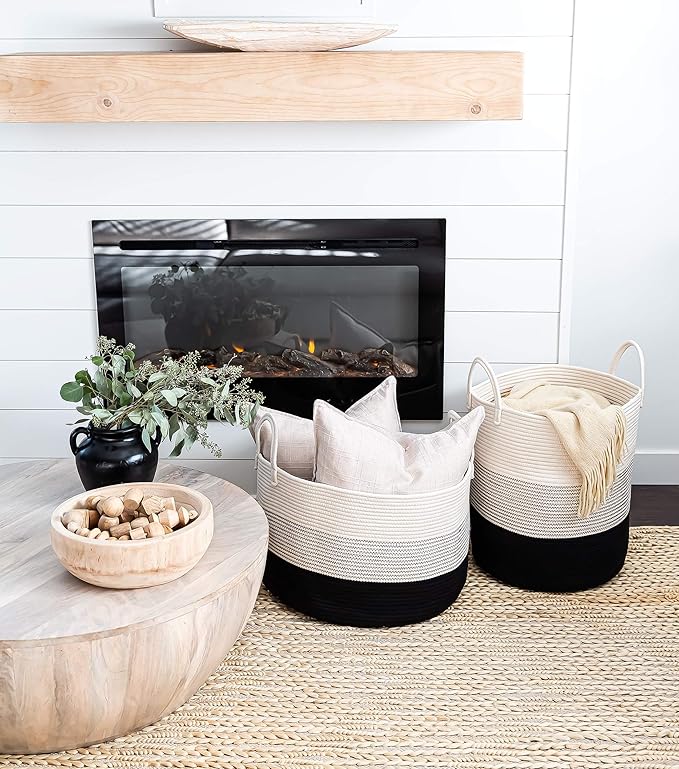 OrganiHaus Black & White Blanket Storage Basket for Living Room 15x18, Woven Nursery Hamper Basket, Large Toy Basket Storage for Kids, Laundry Hamper, Baby Laundry Basket, Cute Cotton Rope Basket