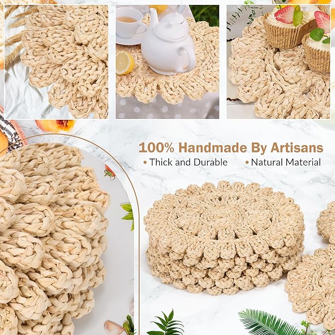 GENMOUS 13" Round Woven Placemats Set of 12, Corn Husk Natural Braided Table Place Mats, Boho Rattan Wicker Charger Plates for Home Farmhouse Wedding Thanksgiving Christmas Spring Holiday