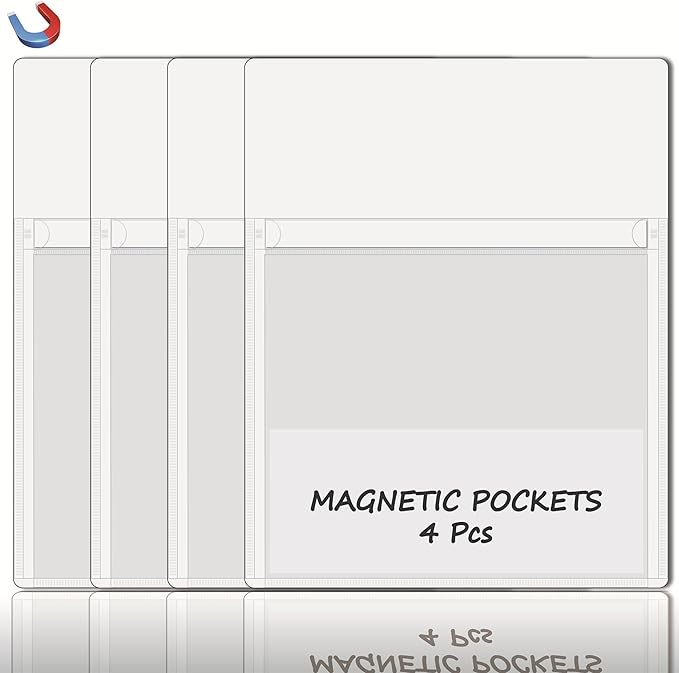 Magnetic Pocket 4 Pack – Self-Adhesive Magnetic Storage Pouch for Documents, Notes & Tools, Strong Magnet Backing for Fridge, Whiteboards, and Metal Surfaces (White 4Pcs)
