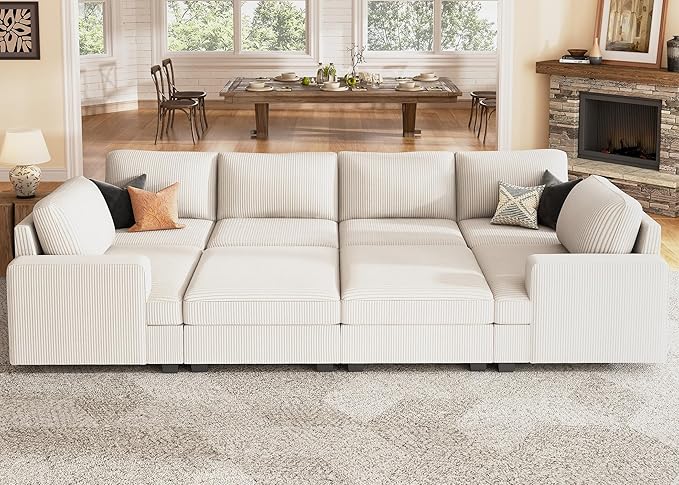 Nolany Modular Sectional Couch with Storage Ottoman, Corduroy Sleeper Sofa with Chaise, Sectional Couches for Living Room, Beige