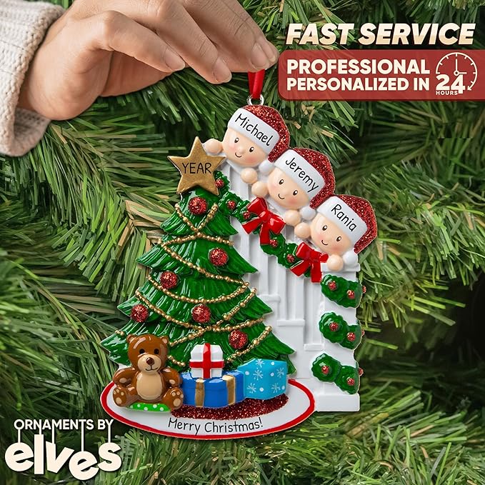 3D Peeking Family of 3 Ornament 2025 Personalized Family Christmas Ornaments 2025 | Staircase Personalized Tree Ornaments for Grandchildren, Siblings & Grandkids Xmas Tree with Gift of Three Ornament